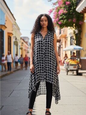 Spense Black & White Grid High-Low Sleeveless Tunic Dress
